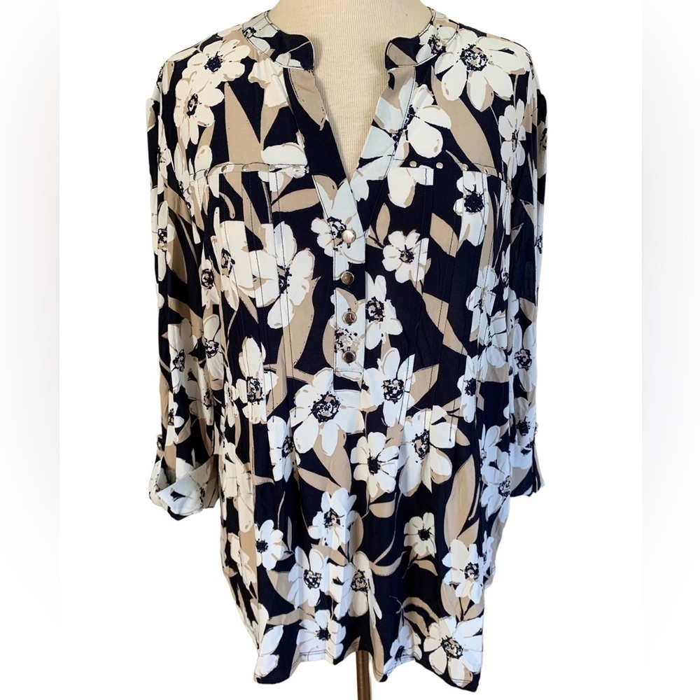 COCOMO XL Floral Blue Beige 3/4 sleeve  women’s Pintuck Blouse tunic top …